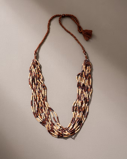 WHE Handmade Multilayer Jute, Wooden Beads & Metal Beads Statement Necklace