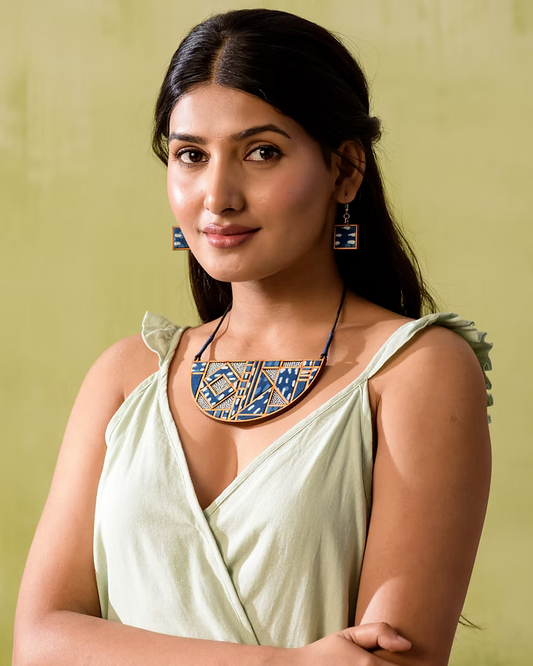 Indigo Upcycled Fabric and Repurposed Wood Maze Necklace