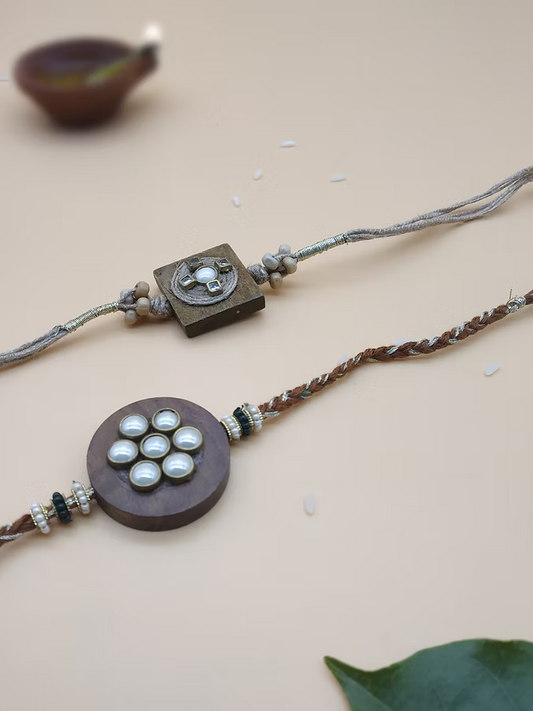 Whe Set of 2 Handmade Wooden Bead Rakhi Combo
