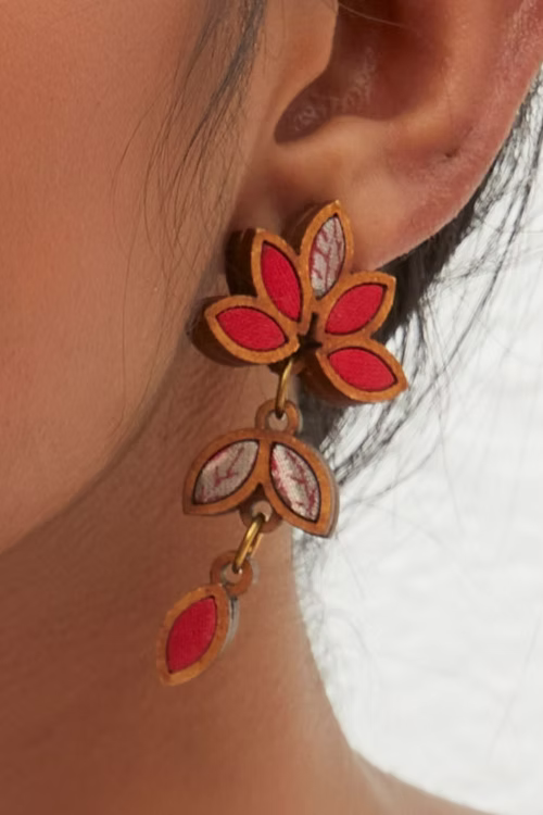 Leaf Motif Repurposed Fabric and Wood Red Earring