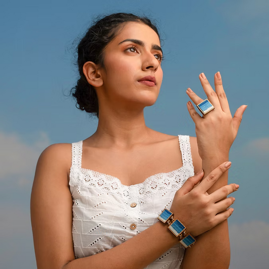 WHE Shades of Indigo Blue Repurposed Fabric and Wood Square Ring