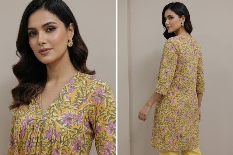 Yellow Hand block Printed Cotton Suit Set