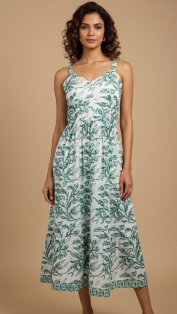 Forest Green  Hand block Printed Cotton Sleeveless Dress