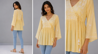 Yellow Floral Chikankari Hand Embroidered Mul Cotton Angrakha Top