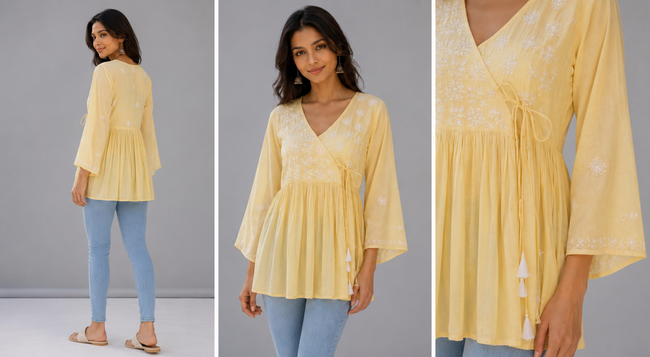 Yellow Floral Chikankari Hand Embroidered Mul Cotton Angrakha Top