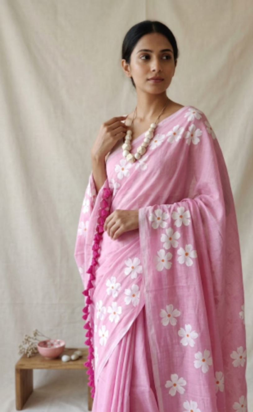 Small Daisy Flower Border Hand Painted Mul Cotton Saree - Without Blouse