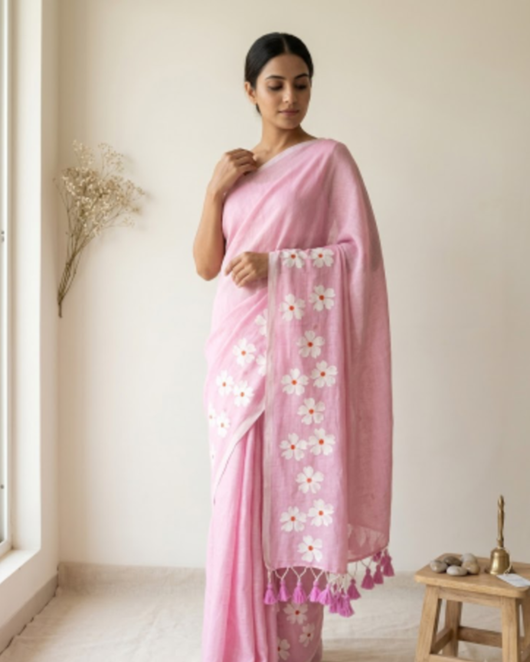 Small Daisy Flower Border Hand Painted Mul Cotton Saree - Without Blouse