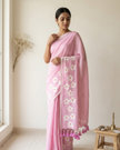 Small Daisy Flower Border Hand Painted Mul Cotton Saree - Without Blouse