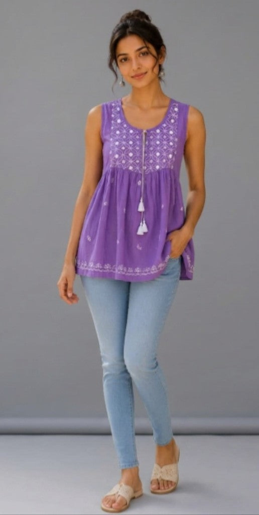 Purple Floral Chikankari Hand Embroidered Mul Cotton Top