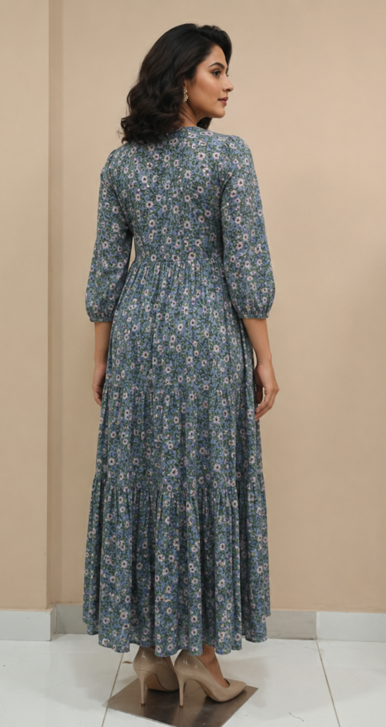 Grey Floral Hand block Printed Cotton Maxi Dress