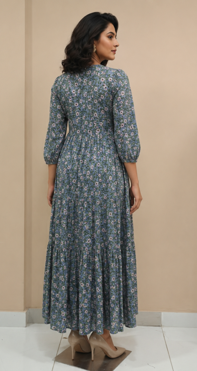 Grey Floral Hand block Printed Cotton Maxi Dress