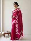 Small Daisy Flower Border Hand Painted Mul Cotton Saree - Without Blouse