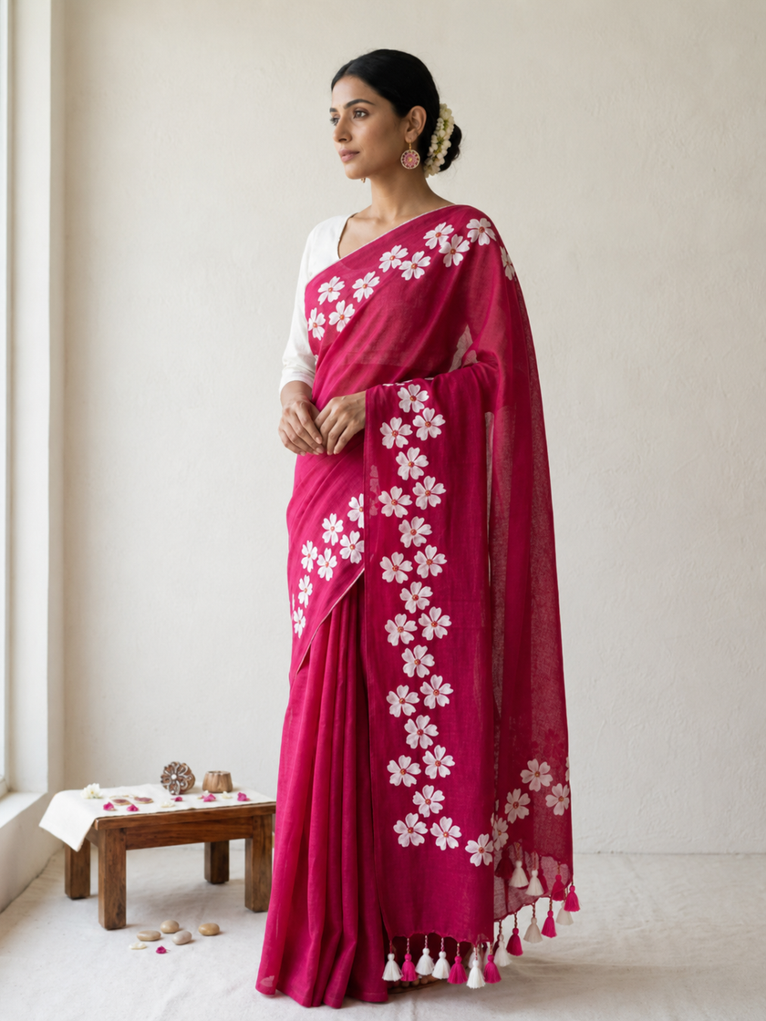 Small Daisy Flower Border Hand Painted Mul Cotton Saree - Without Blouse