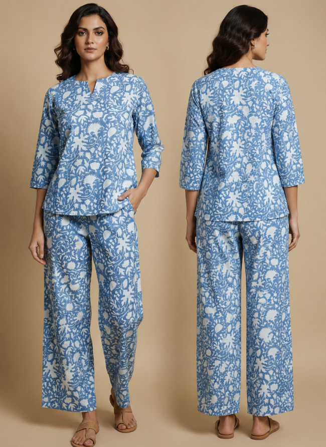 Blue Handblock Printed Cotton Co-ord Set