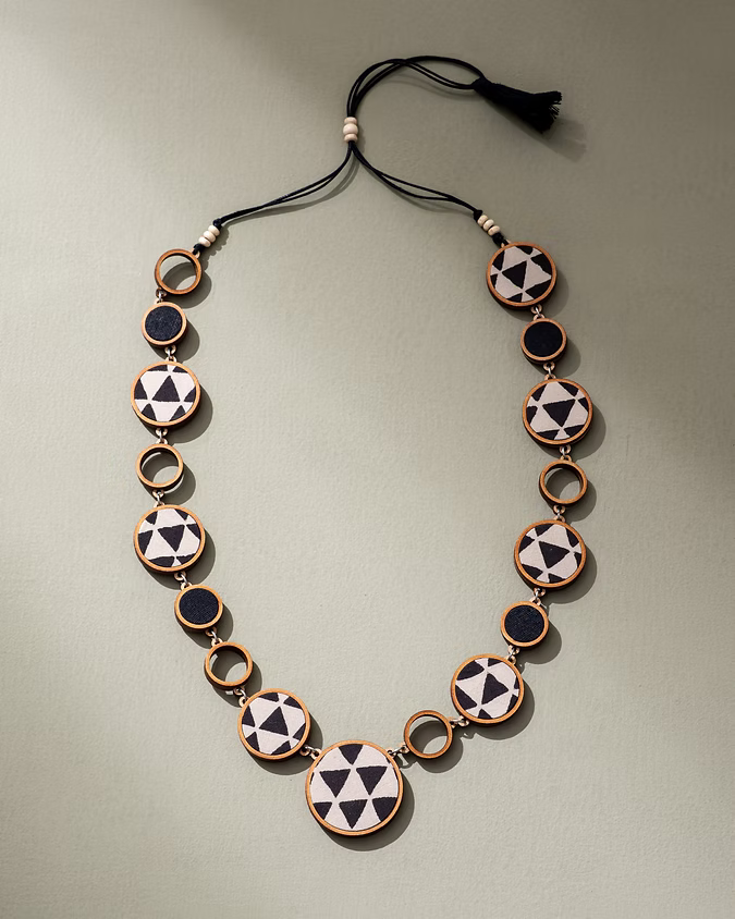 Reversible 2-In-1 Pink Black Repurposed Fabric and Wood Necklace