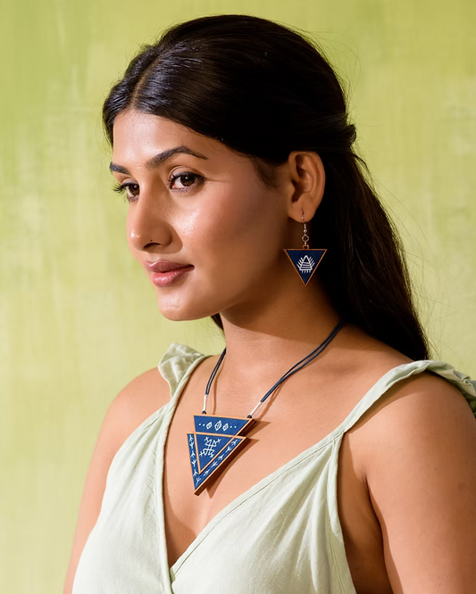WHE Hand Painted Blue Upcycled Fabric and Repurposed Wood Triangular Earrings