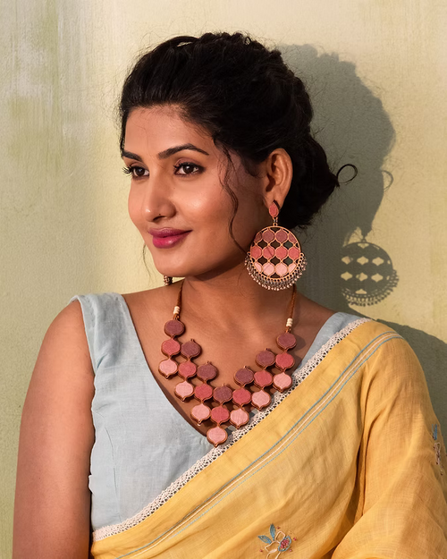 Shades of Pink Repurposed Fabric and Wood Statement Adjustable Necklace