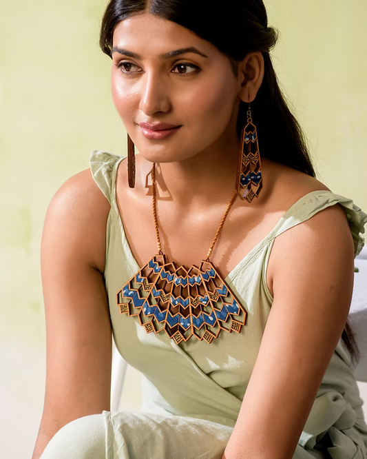 Blue Wave Pattern Kalamkari Upcycled Fabric and Repurposed Wood Necklace