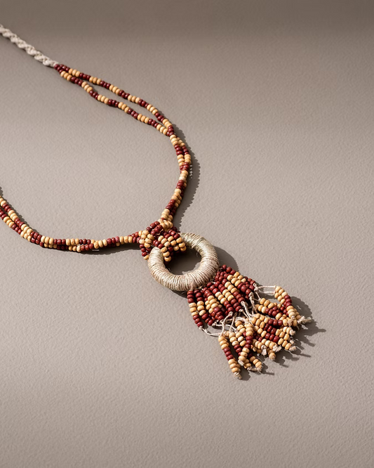 Adjustable Jute, Wooden Beads and Glass Beads Fringe Pendant Necklace