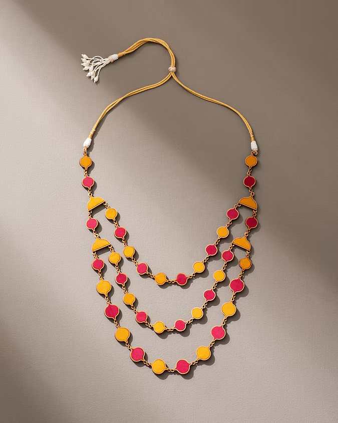 Red Festive Upcycled Fabric and Repurposed Wood Elaborate Necklace