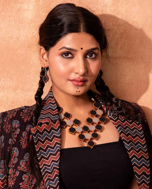 Black Repurposed Fabric & Wood Statement Adjustable Necklace