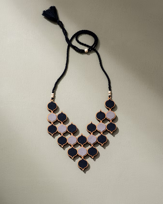 Black Repurposed Fabric & Wood Statement Adjustable Necklace