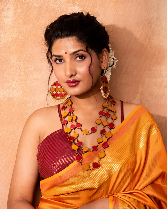 Red Festive Upcycled Fabric and Repurposed Wood Elaborate Necklace