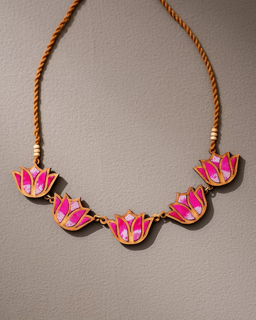 Shades of Pink Bloom Lotus Upcycled Fabric and Repurposed Wood Necklace