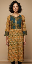 Yellow Hand Embroidered Cotton Ikkat Kurta with Kantha Work