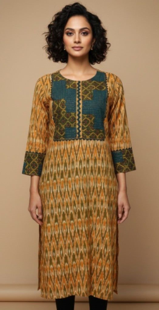 Yellow Hand Embroidered Cotton Ikkat Kurta with Kantha Work