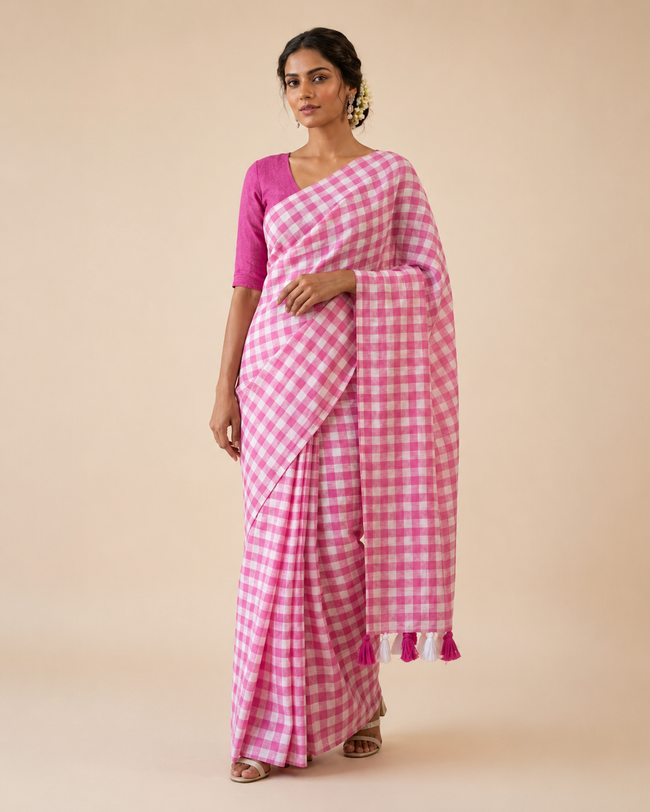 Small Checks Pink Mul Cotton Handloom Saree