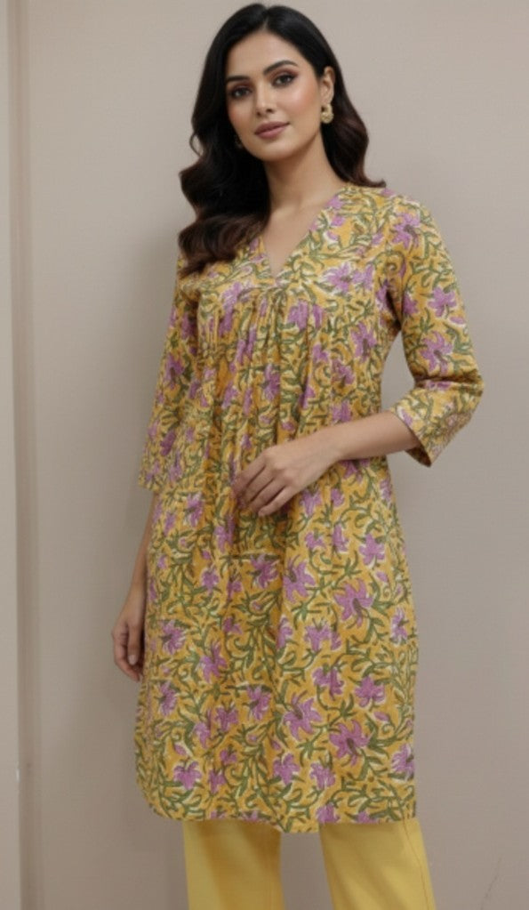 Yellow Hand block Printed Cotton Suit Set