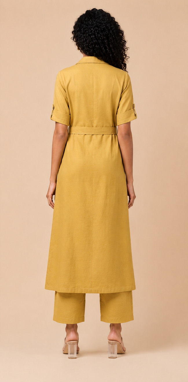 Mustard Hand block Printed Cotton Shrug Suit Set with Inner