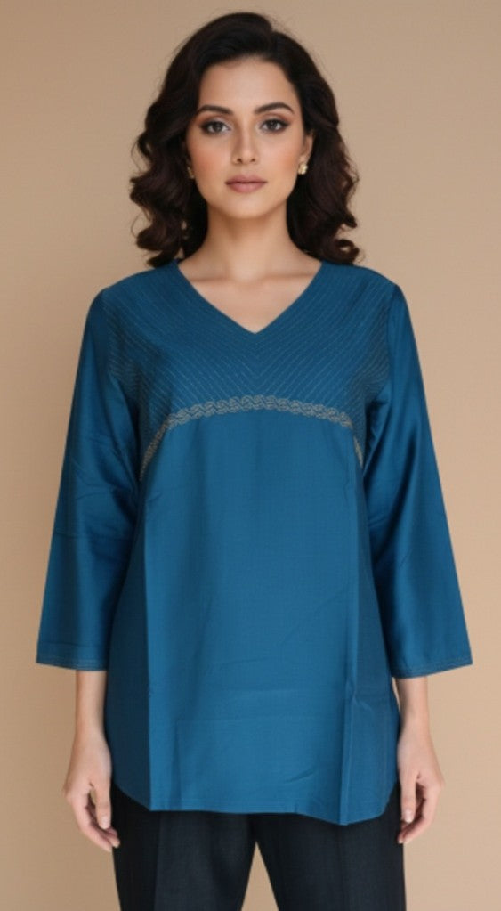 Blue Teal Silk blend Hand Embroidered Top