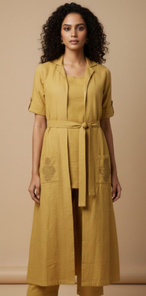 Mustard Hand block Printed Cotton Shrug Suit Set with Inner