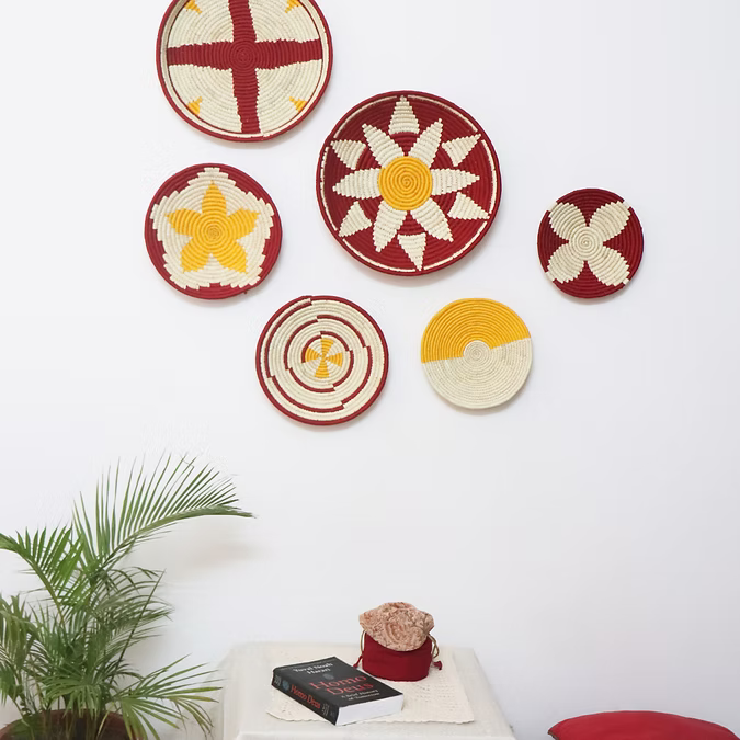12' Natural, Yellow and Maroon Flower Handmade Wall Decor of Sabai Grass