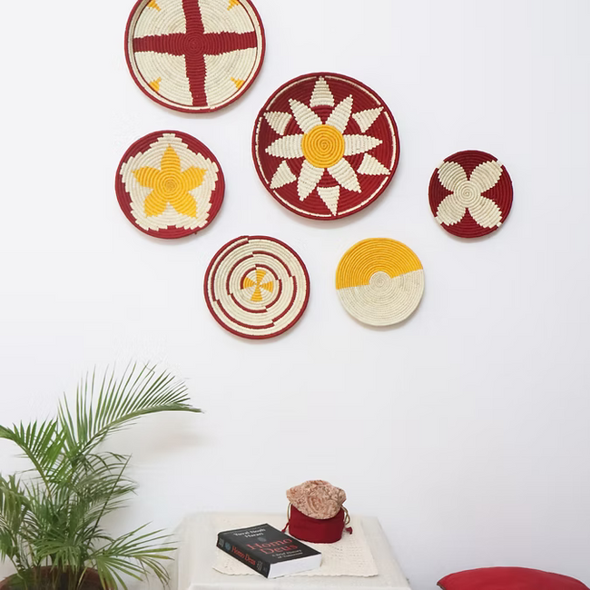 12' Natural, Yellow and Maroon Flower Handmade Wall Decor of Sabai Grass