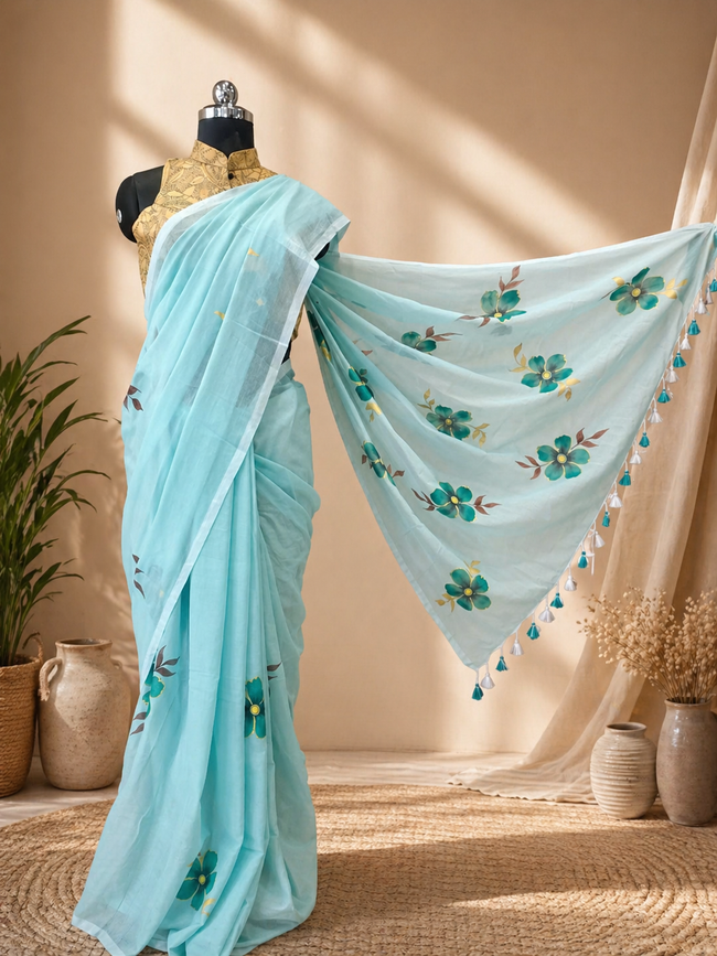 Sea Green Hand Painting H.L. Pure Mul Cotton Saree