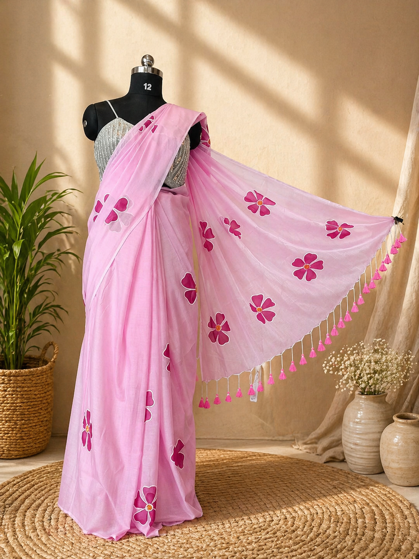 Pink Hand Painting H.L. Pure Mul Cotton Saree