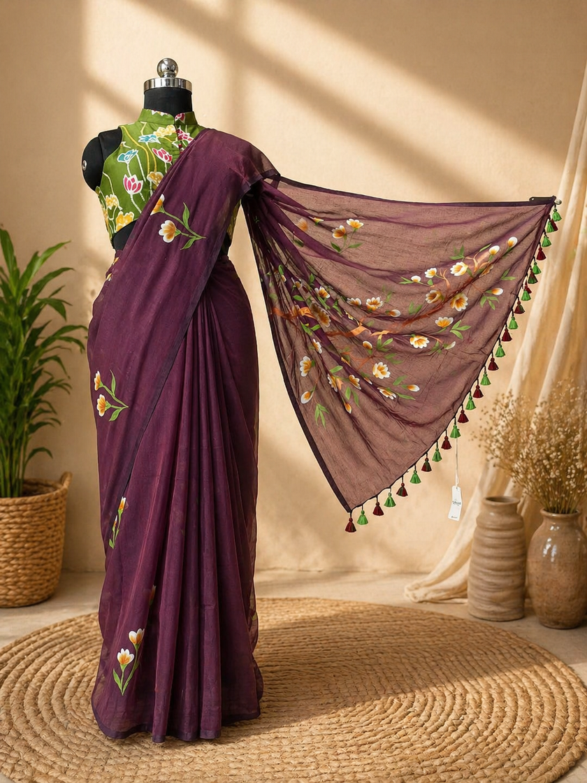 Brown Hand Painting H.L. Pure Mul Cotton Saree