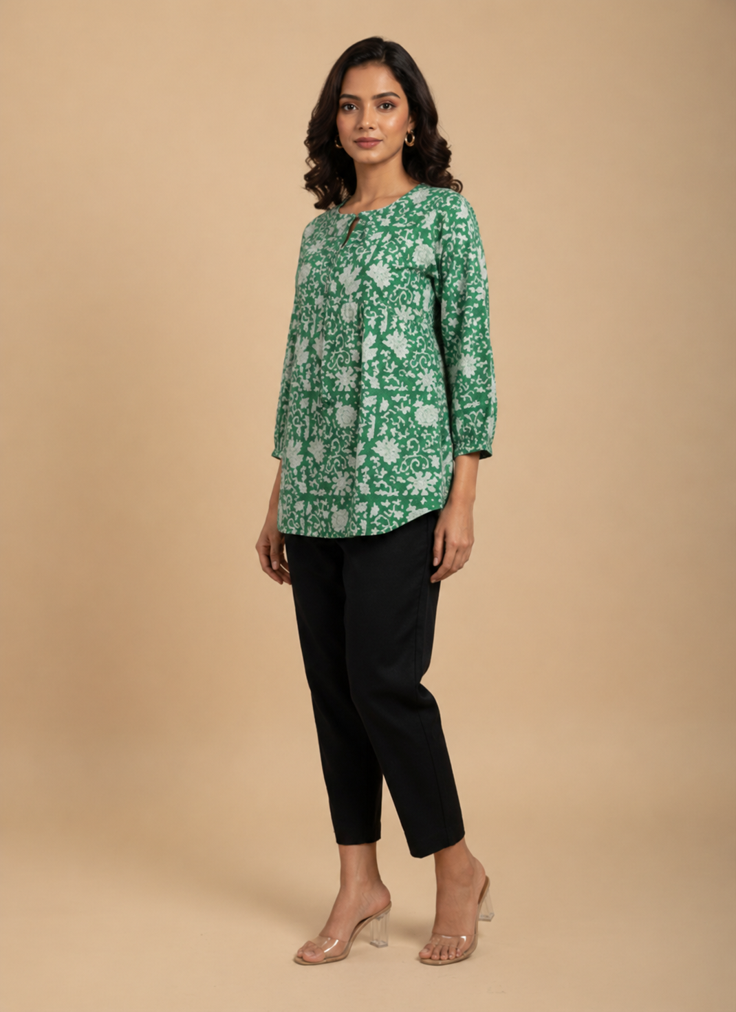 Green Floral Hand block Printed Cotton Rayon Top