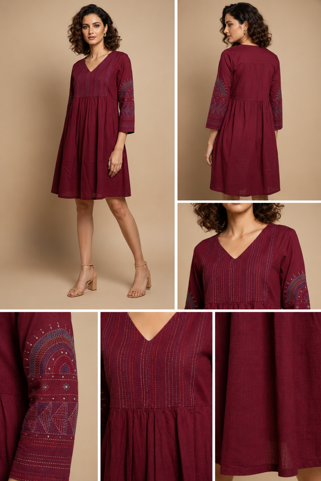Maroon Hand Embroidered Kurta With Pleats