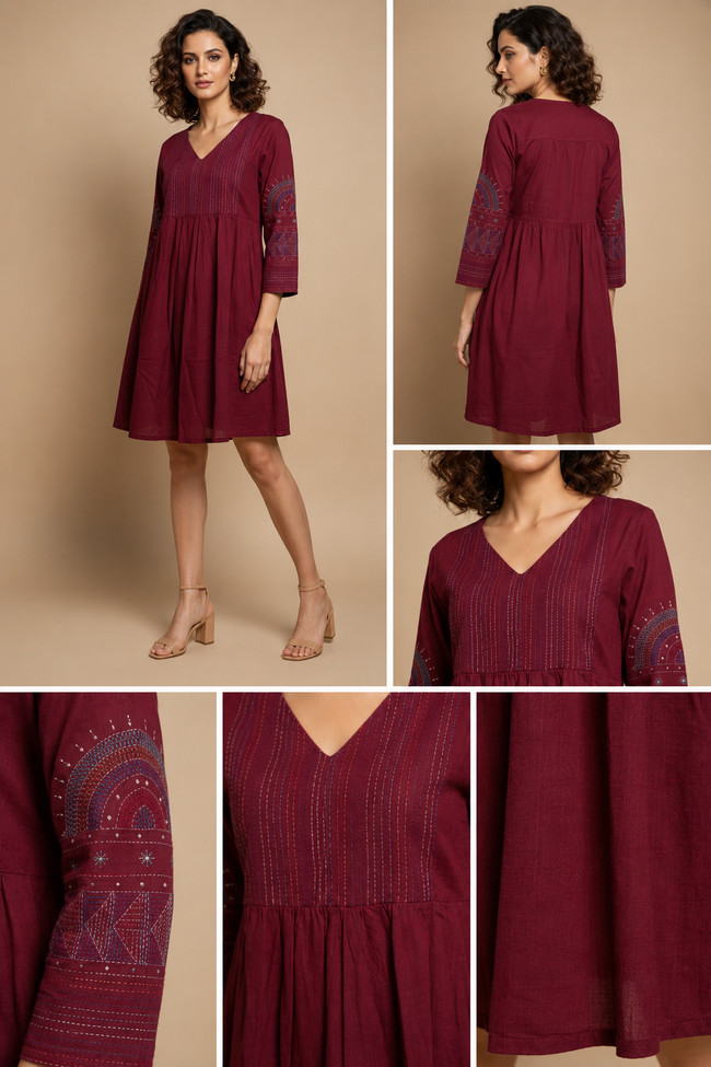 Maroon Hand Embroidered Kurta With Pleats