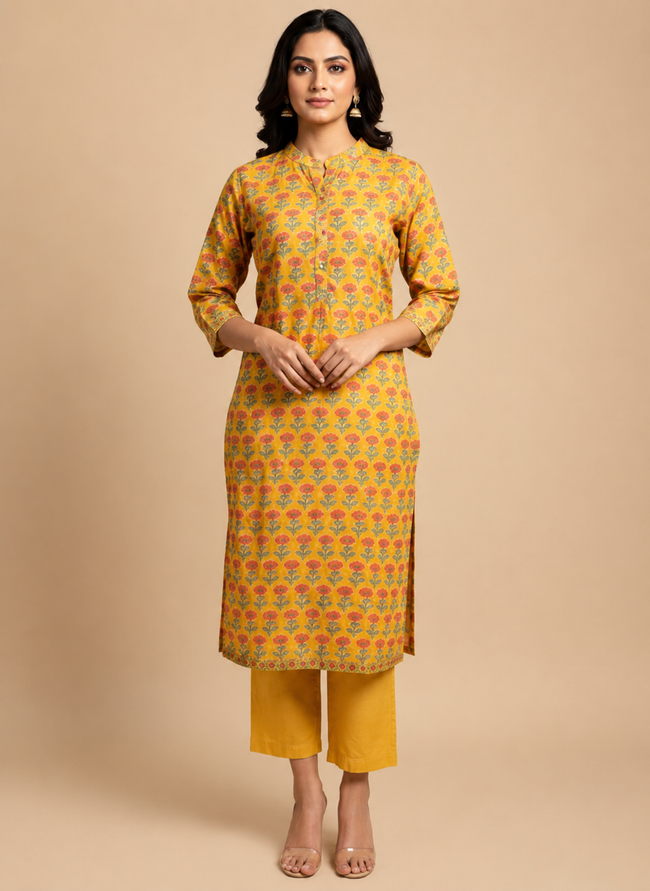 Yellow Handblock Printed Cotton Suit Set with Mandarin Neck