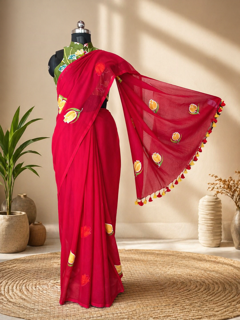 Red Hand Painting H.L. Pure Mul Cotton Saree
