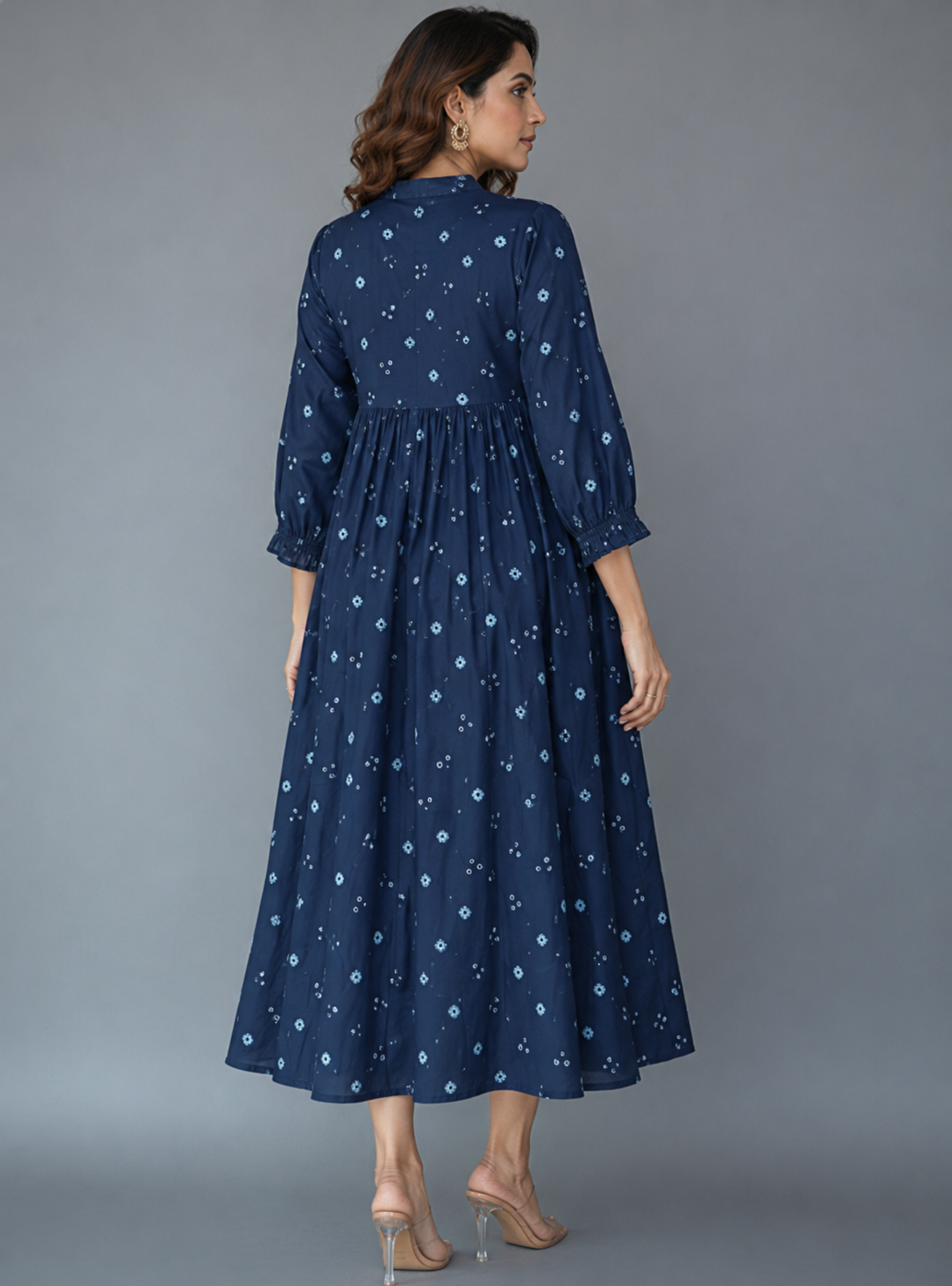 Navy Blue Hand Embroidered Pure Cotton Bandhej Kurta with Kantha Embroidery