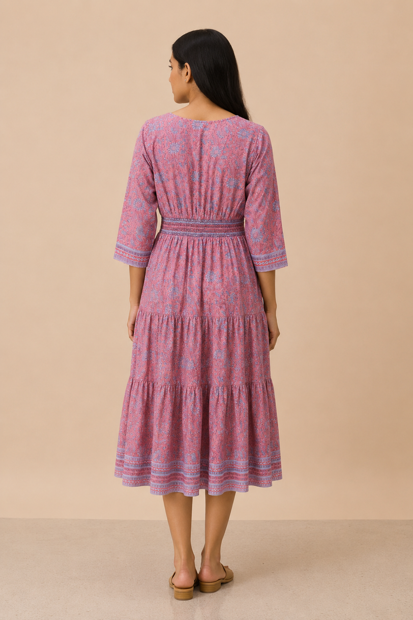 Pink Floral Handblock Printed Cotton Dress