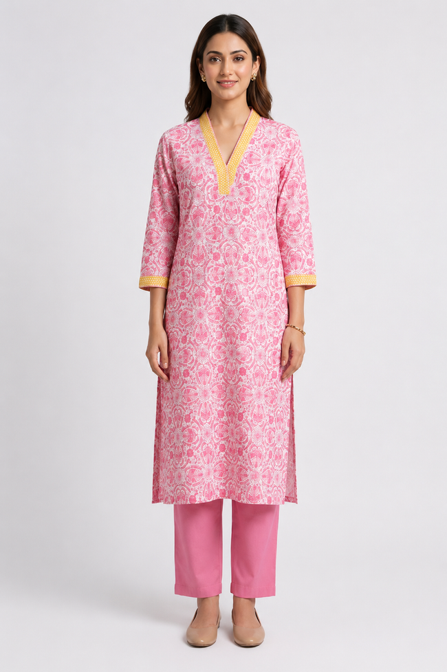 Pink Hand block Printed Cotton V-Neck Suit Set
