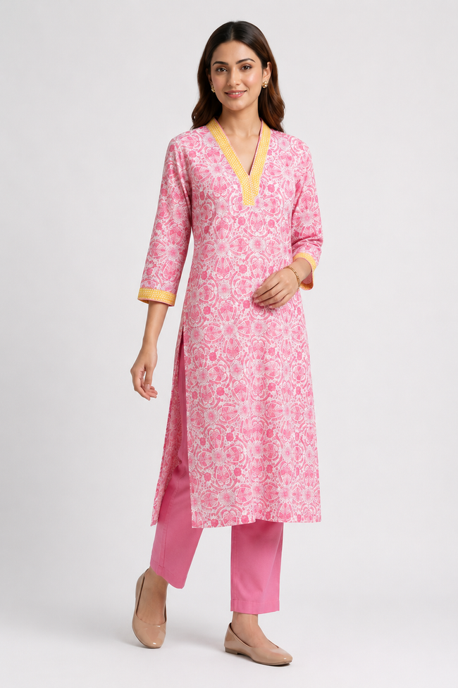 Pink Hand block Printed Cotton V-Neck Suit Set
