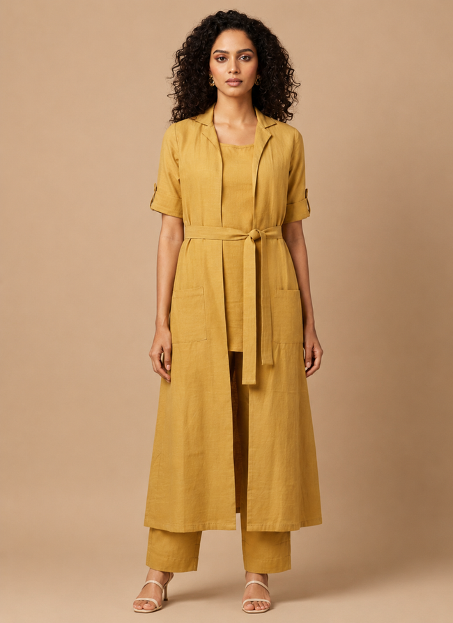 Mustard Hand block Printed Cotton Shrug Suit Set with Inner